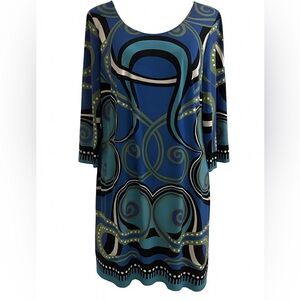Nicole by Nicole Miller Blue and Green Long Sleeve Jersey Dress size L